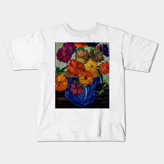 Some abstract vibrant colorful flowers in a glass vase with gold accent on base and top of vase Kids T-Shirt by kkartwork